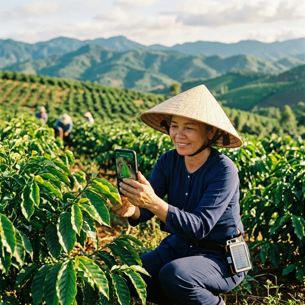 Nông dân dùng quy trình chẩn đoán AI trên điện thoại tại vườn cà phê