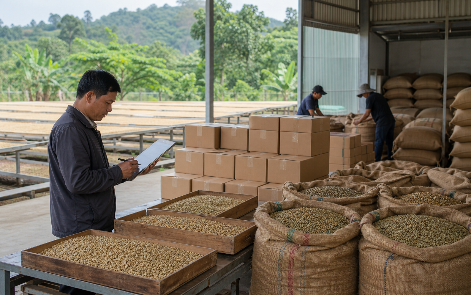 Điều phối xuất khẩu cà phê với bao hạt cà phê, khay mẫu và thùng đóng gói