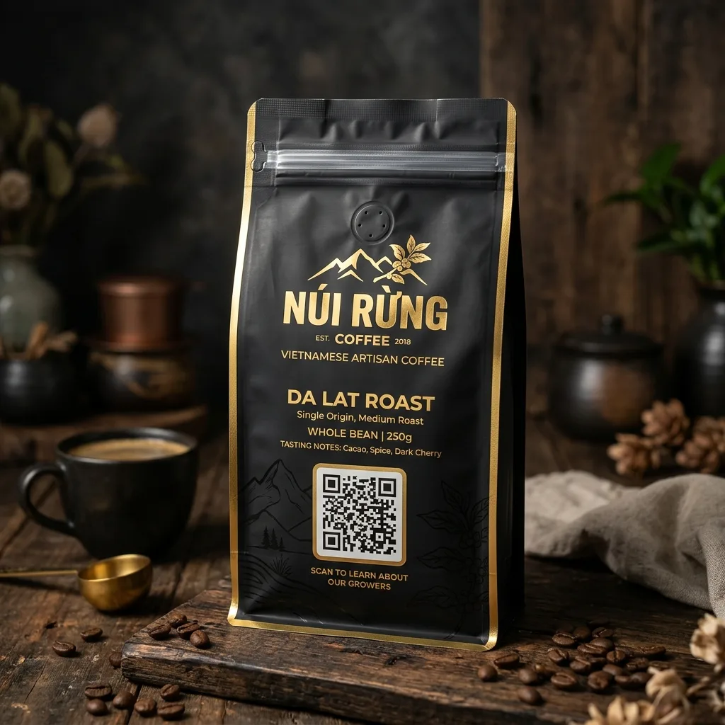 Bao bì cà phê không thương hiệu với QR truy xuất và hộ chiếu sản phẩm trên điện thoại
