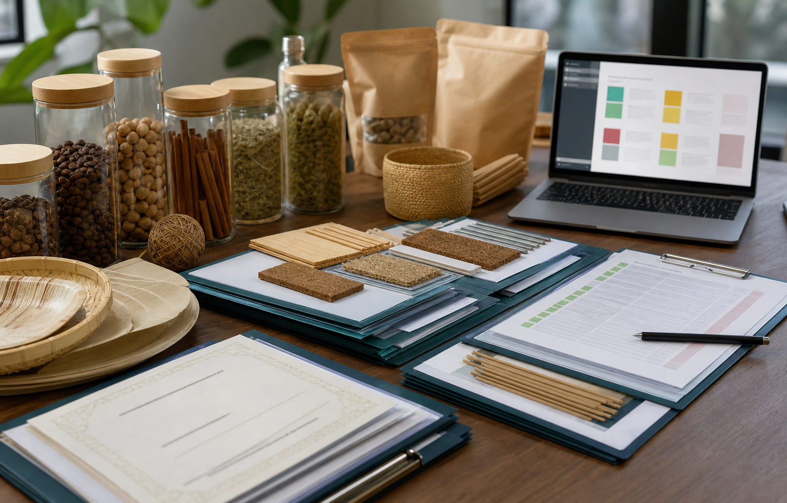 Compliance document review desk with product samples and checklist folders
