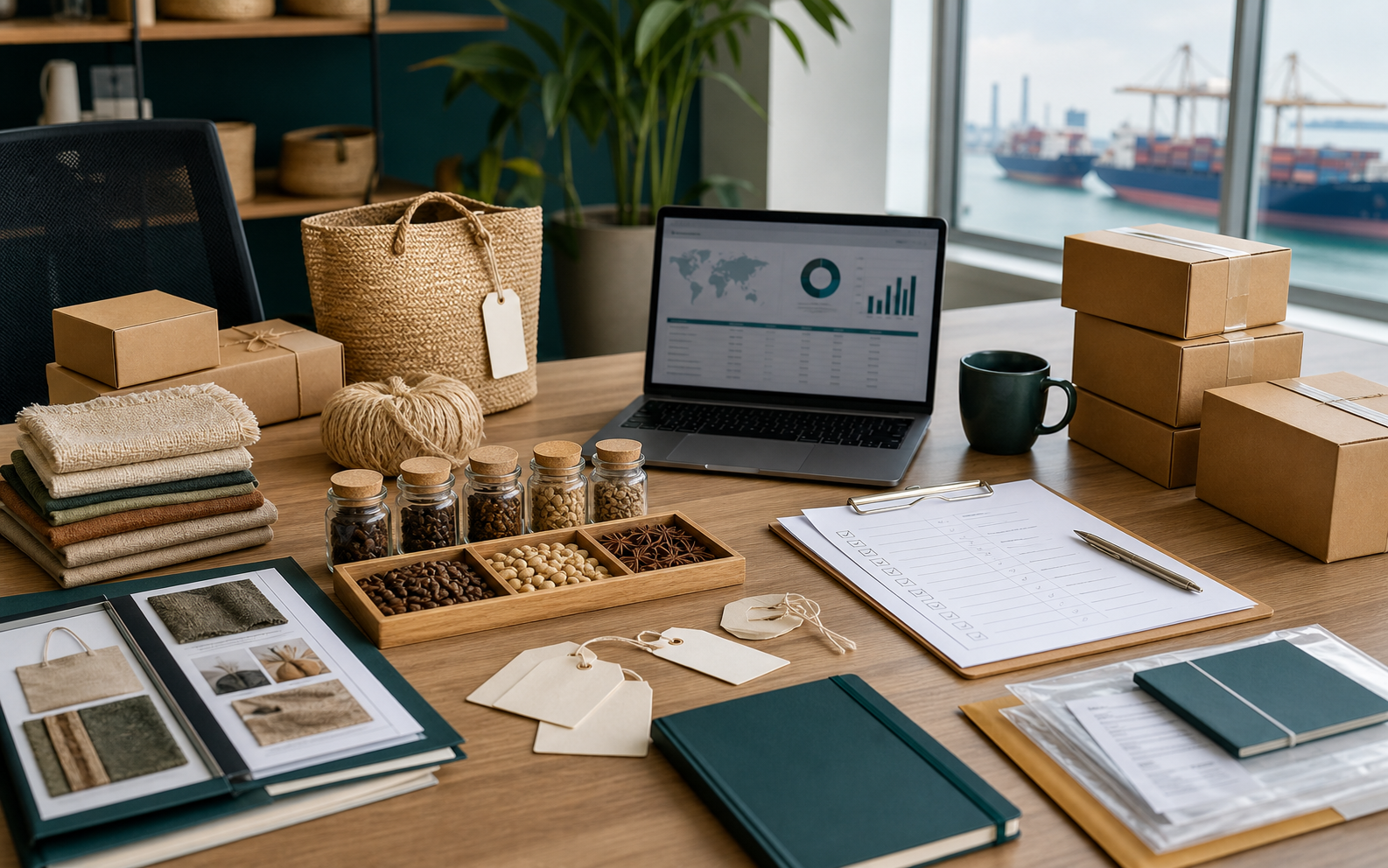 Vietnam sourcing services coordination desk with product samples and export documents