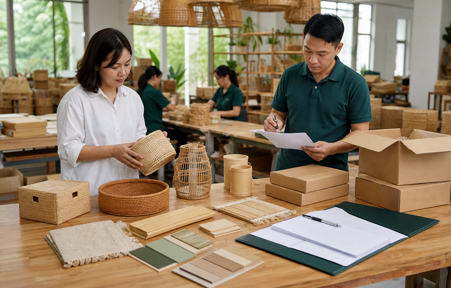 Vietnamese producer readiness review with product samples, packing and documents