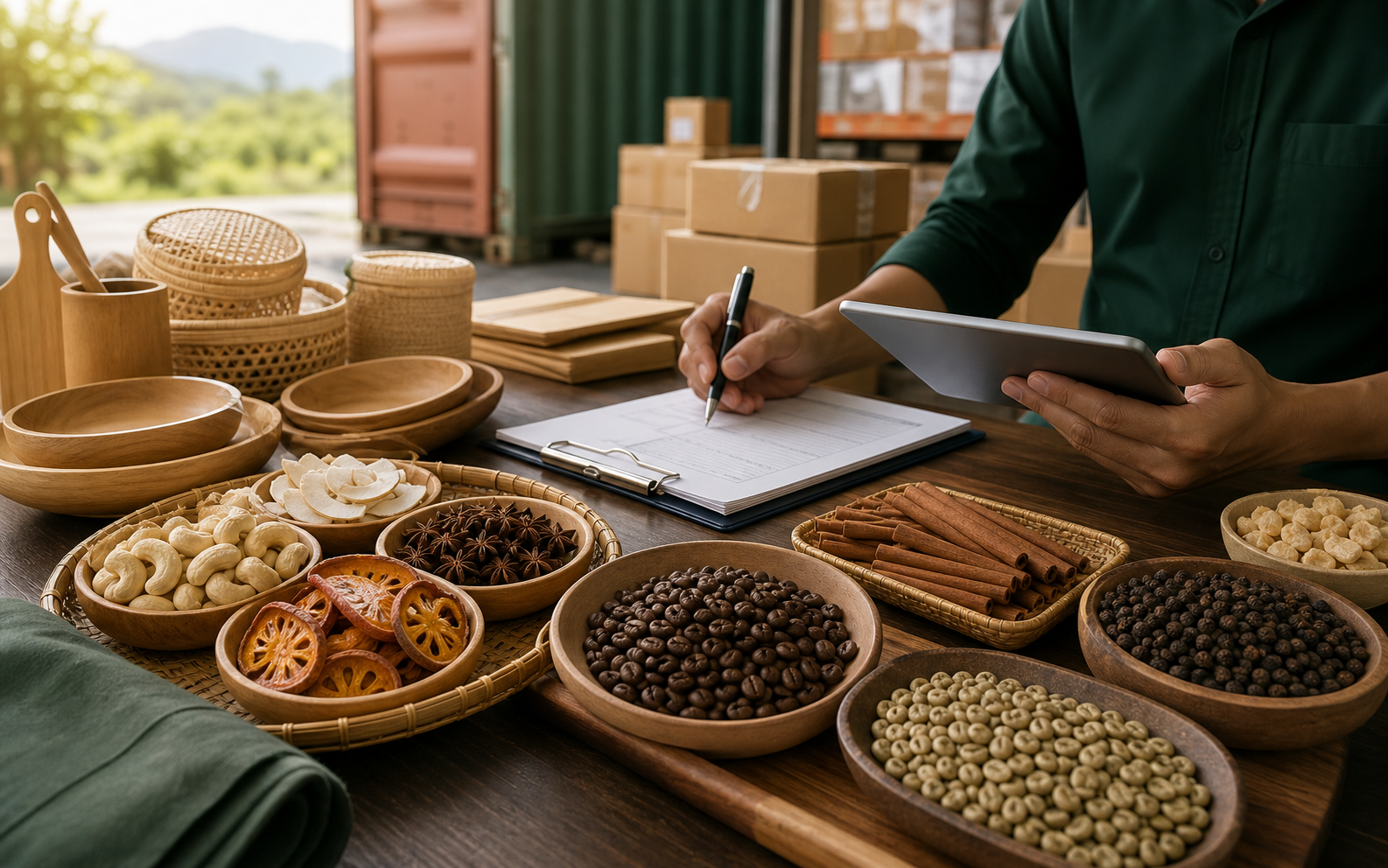 Daki Global visual showing natural products, bamboo homeware, quality control and shipment readiness